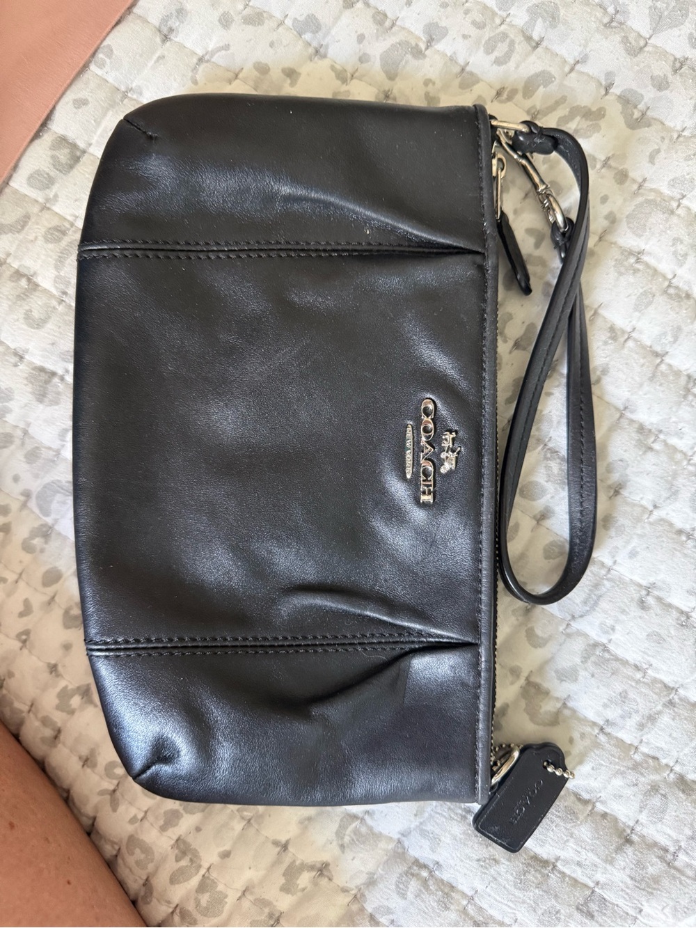 Coach Black Leather Wristlet with Silver Logo Hardware
